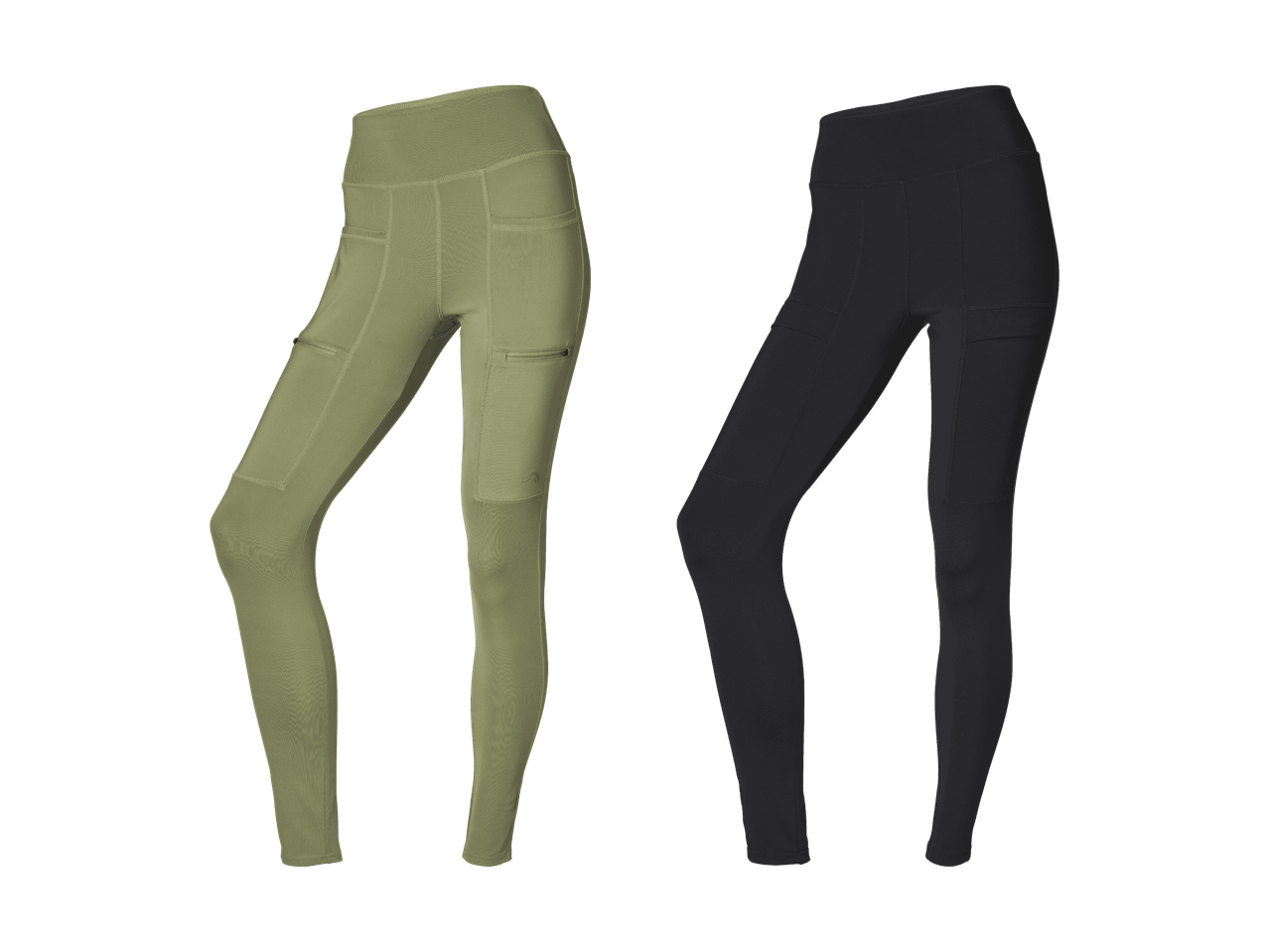 Due leggings sportivi, uno verde oliva e uno nero, con tasche laterali e con cerniera.