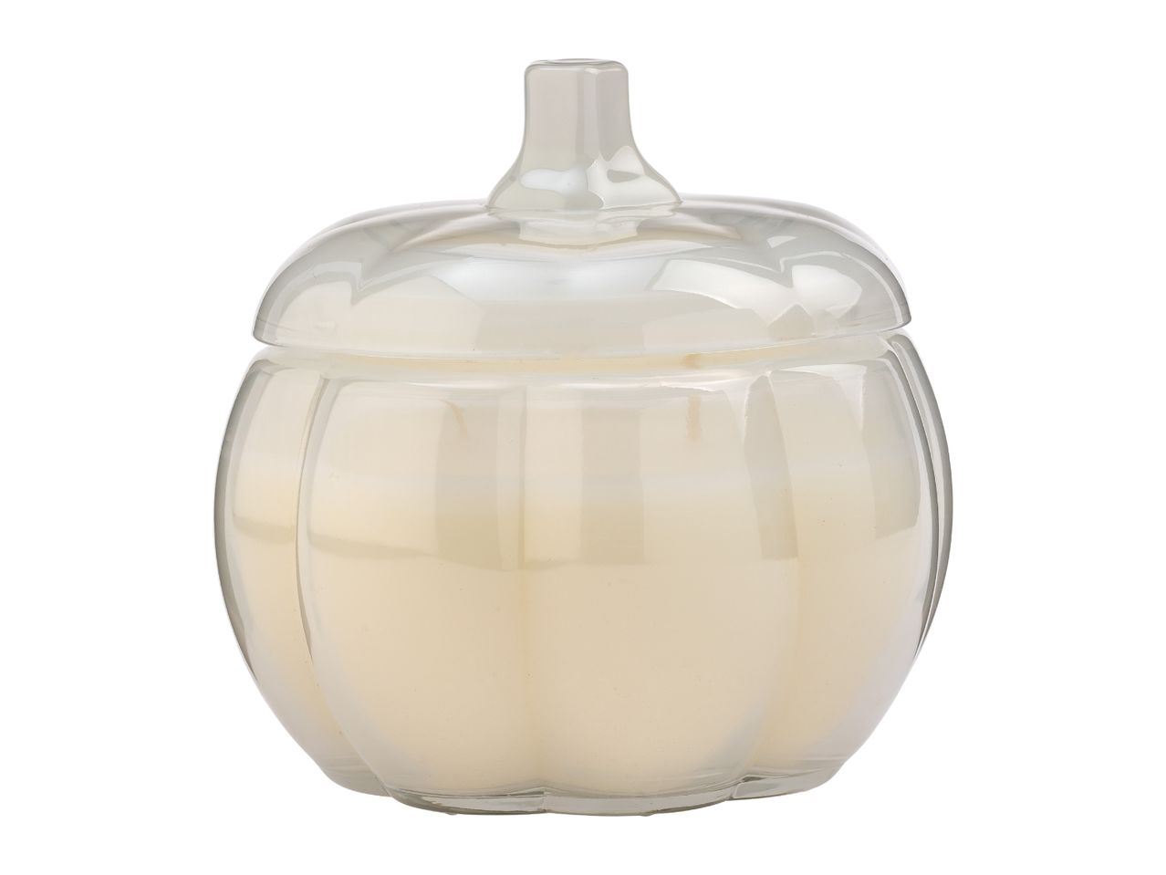 Pumpkin-shaped glass candle jar with a lid, filled with light-colored wax.