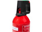 Red fire extinguisher with a black handle and green button, showing a label with text.