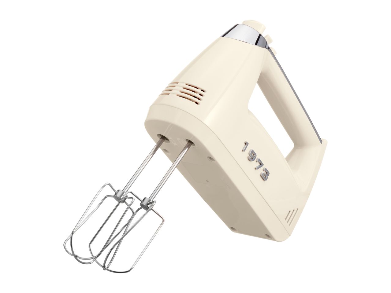 Cream retro hand mixer with 1973 embossed on the side and beaters attached.