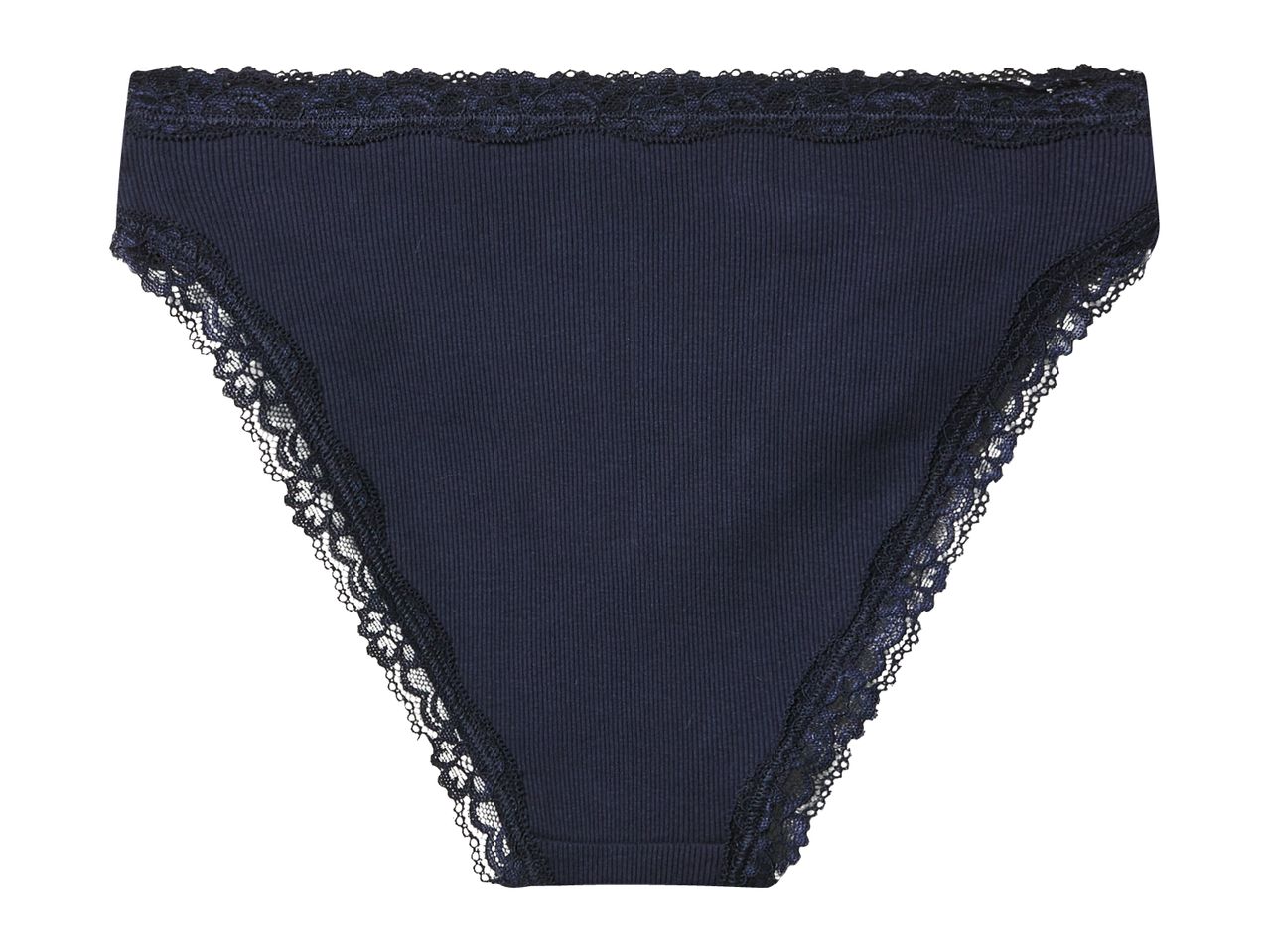 Dark blue ribbed women's briefs with lace trim.