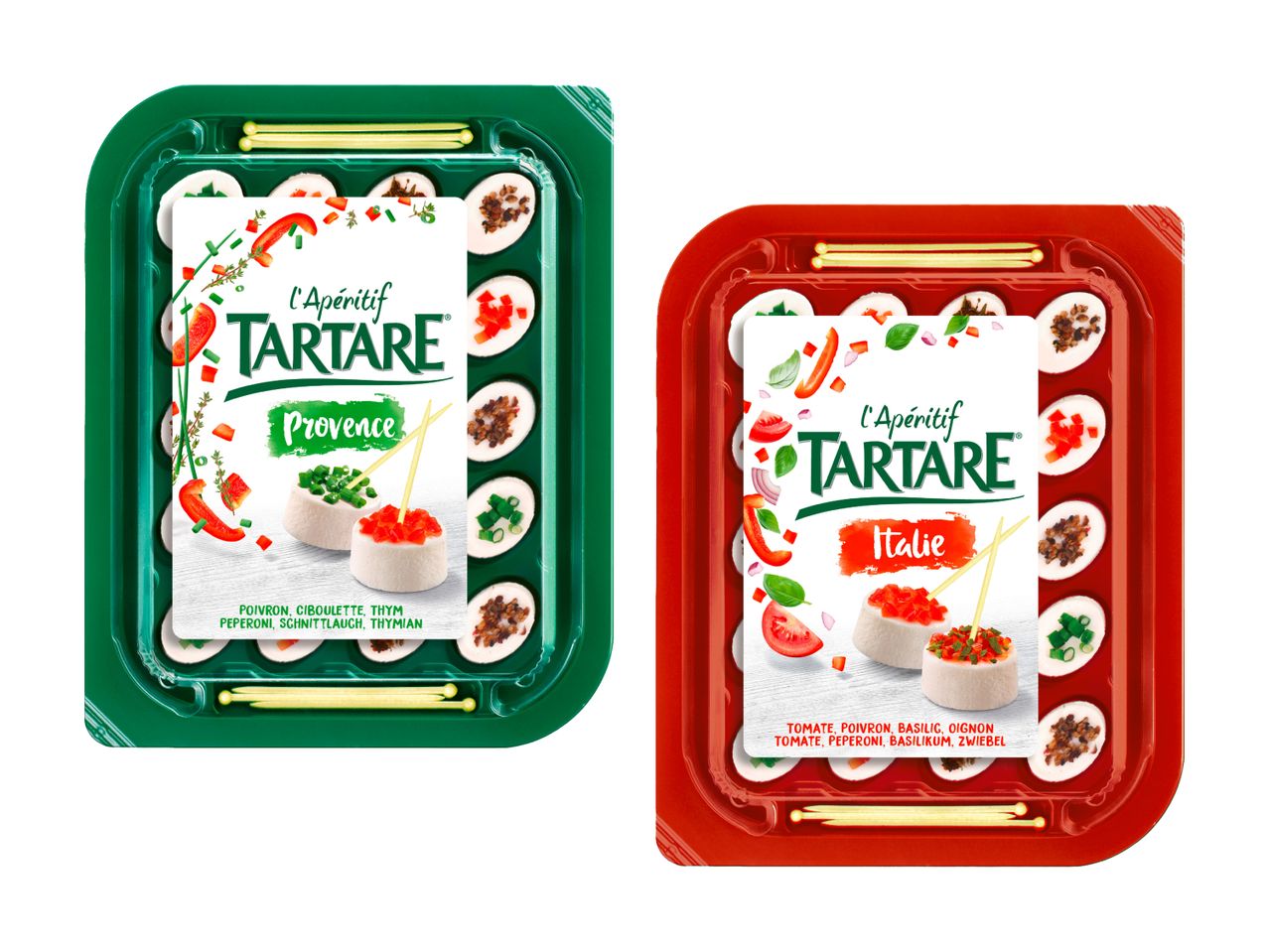 Zwei Packungen L'Apéritif Tartare, eine mit Provence-Geschmack, die andere mit italienischem Geschmack.