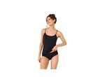 Woman wearing a black spaghetti strap camisole and matching briefs