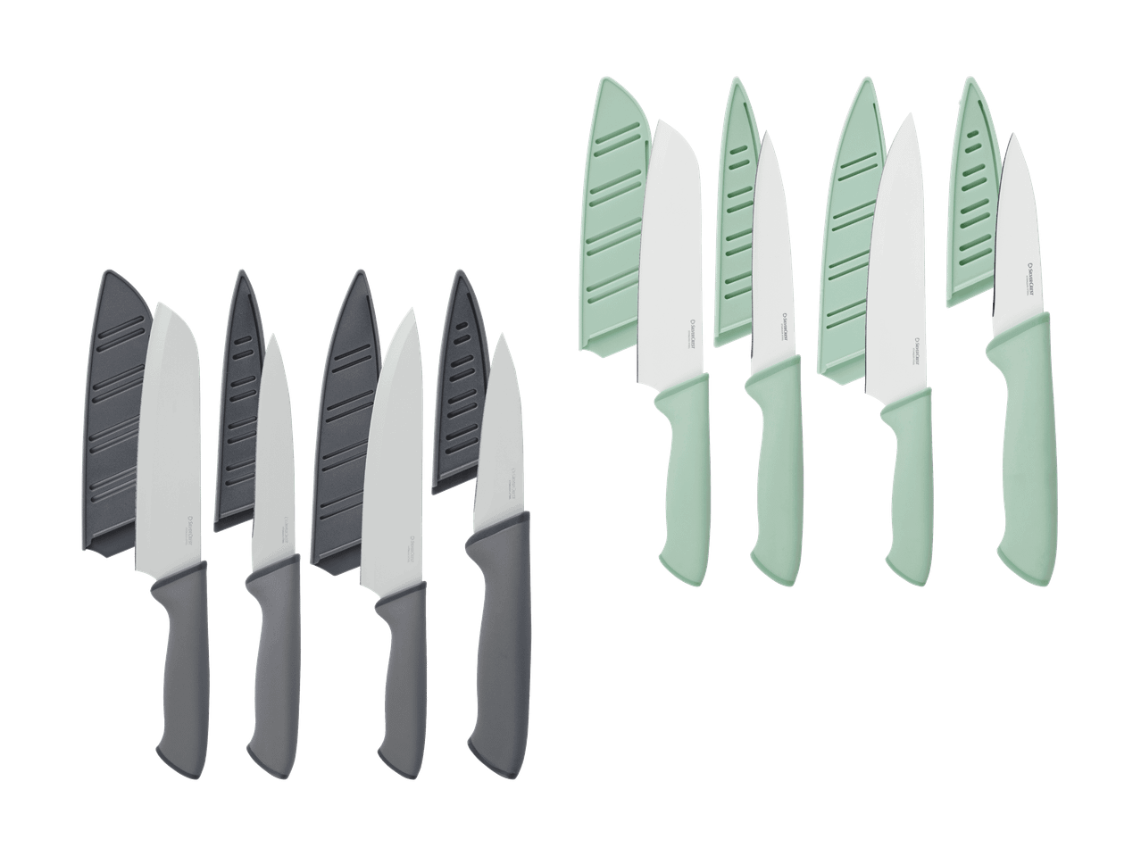 Set di coltelli da cucina SilverCrest con manici grigi e verde menta e coprilama.