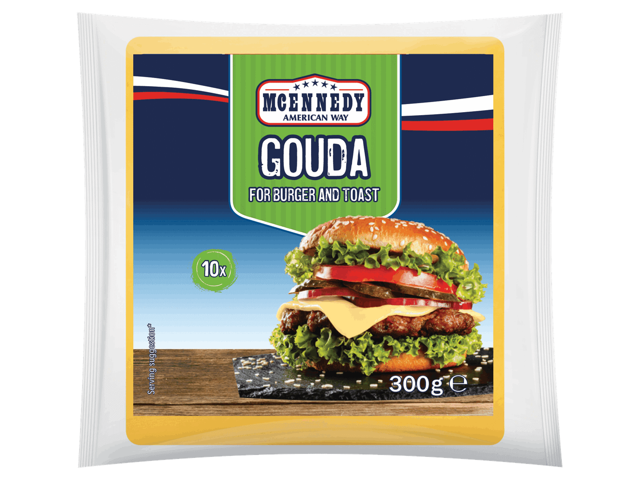 Szeletelt gouda sajt hamburgerekhez és melegszendvicsekhez, 300 g-os kiszerelésben.