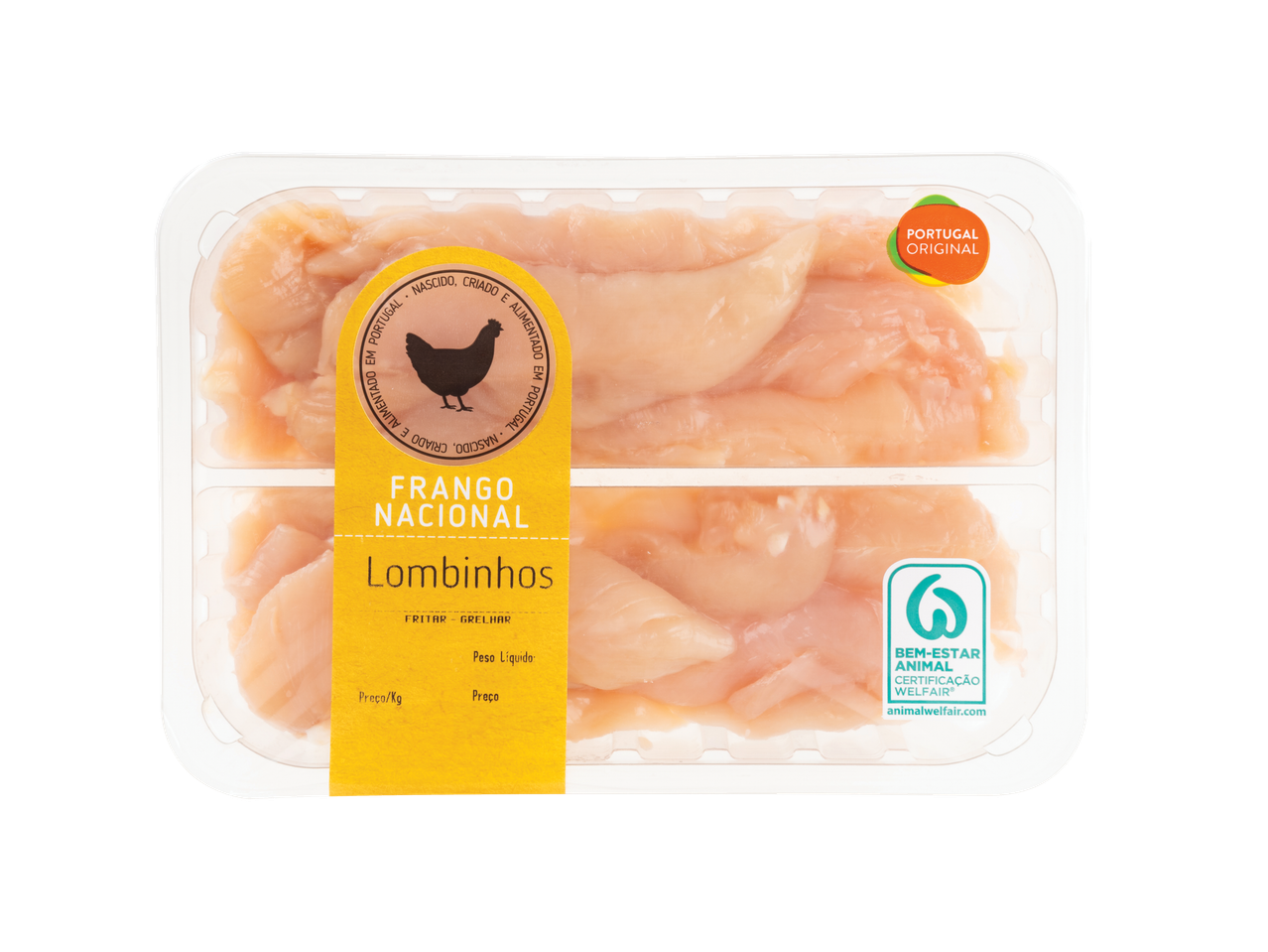 Lombinhos de frango nacional em embalagem, com selos 'Portugal Original' e 'Bem-Estar Animal'.