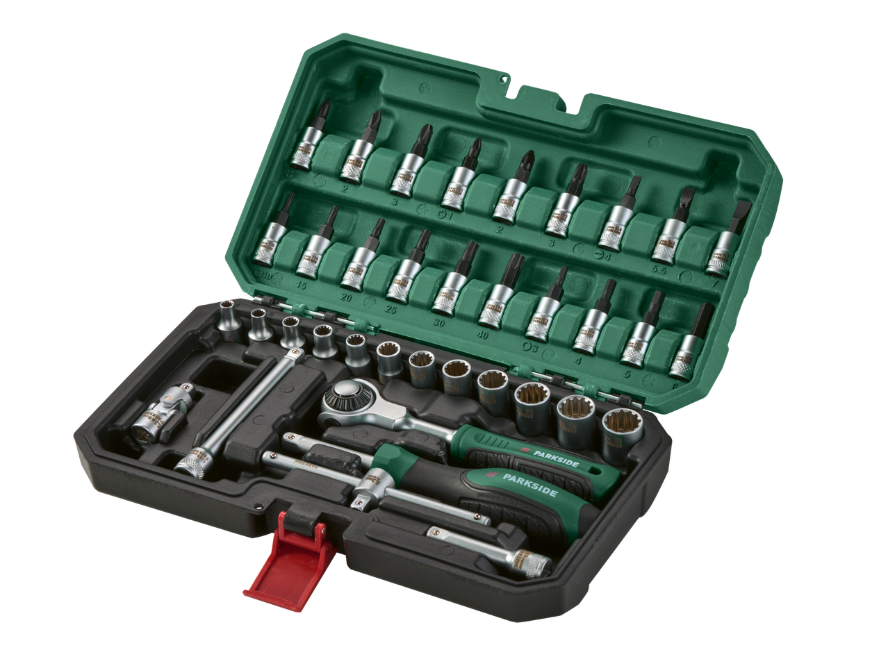 Socket wrench set with ratchet and swivel head in a green case.
