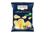 A dark blue bag of lattice crisps with pesto flavor, featuring garlic and parsley.