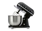 Black stand mixer with a stainless steel bowl and whisk attachment