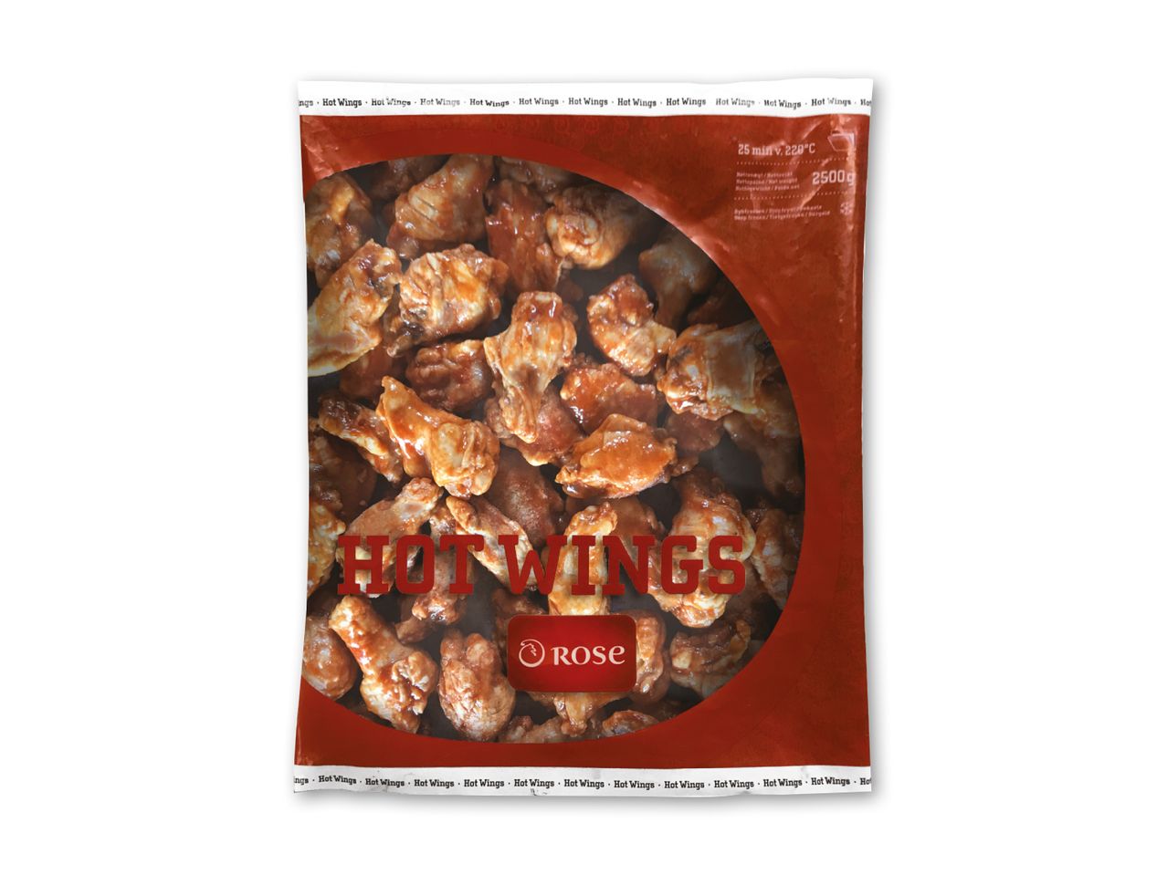 Pose med hot wings, der skal tilberedes i 25 minutter ved 220°C, med en nettovægt på 2500g.
