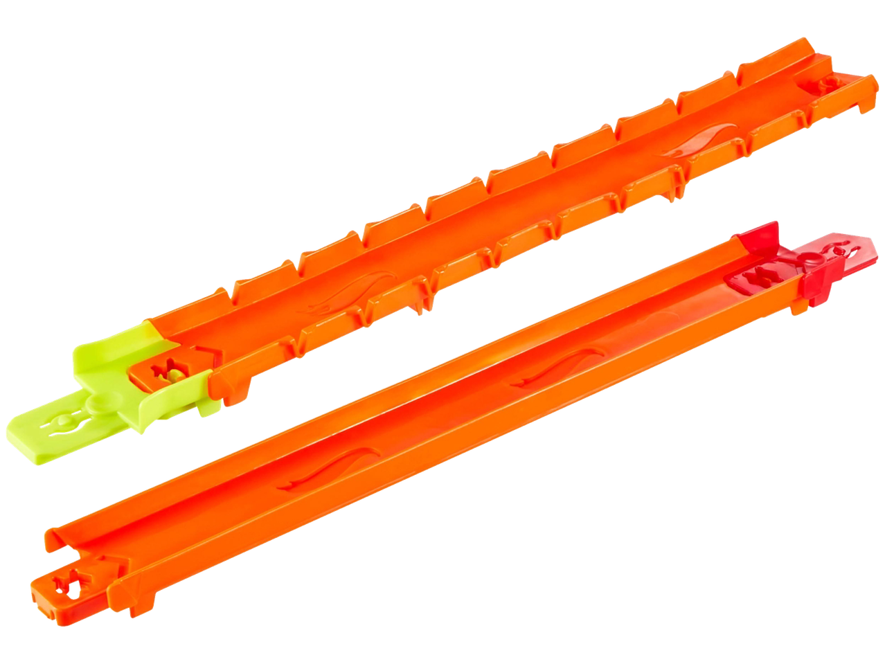Oranžas Hot Wheels trases ar zaļiem un sarkaniem savienotājiem.
