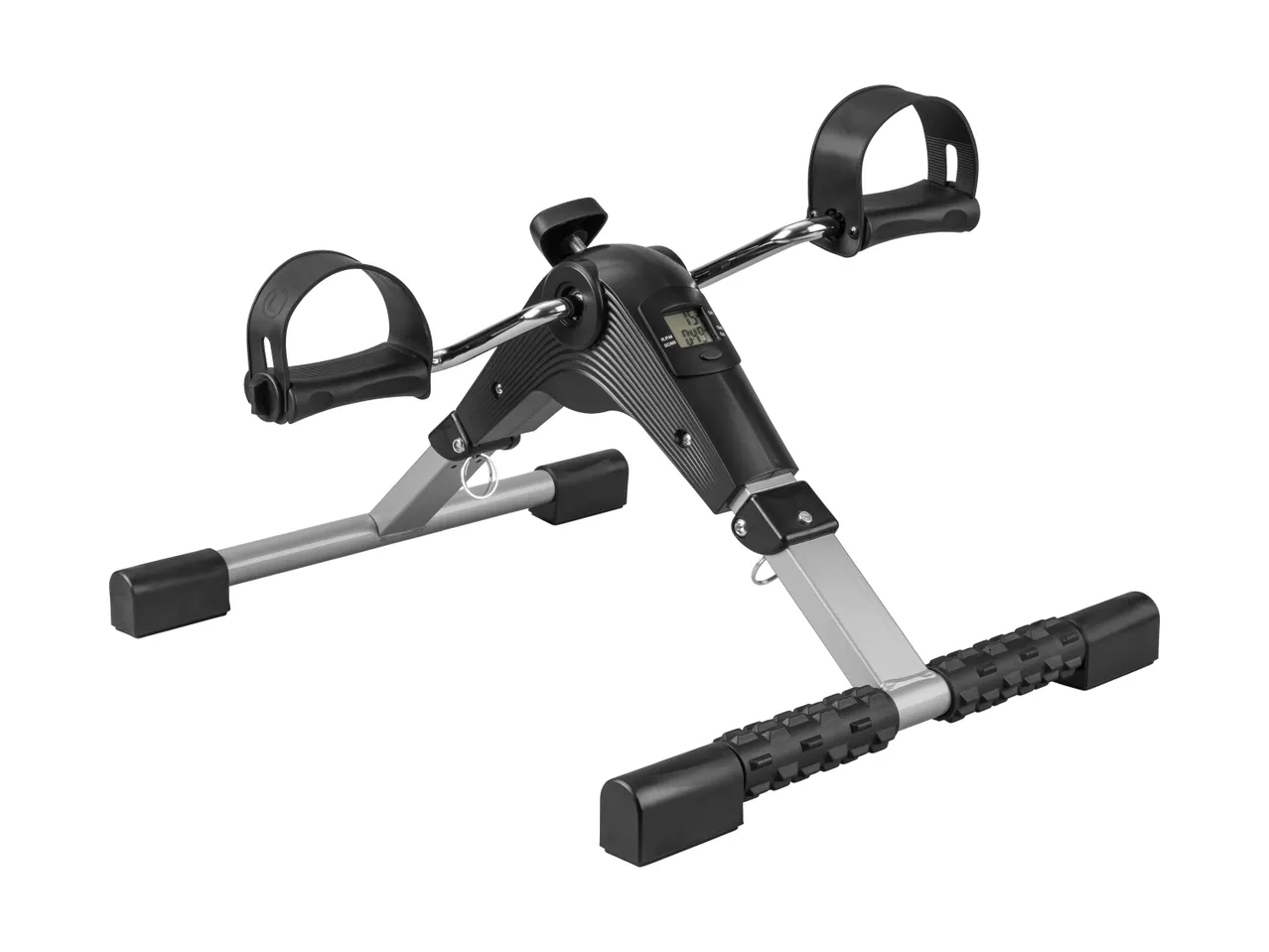 Black and silver mini exercise bike with pedals and a digital display.