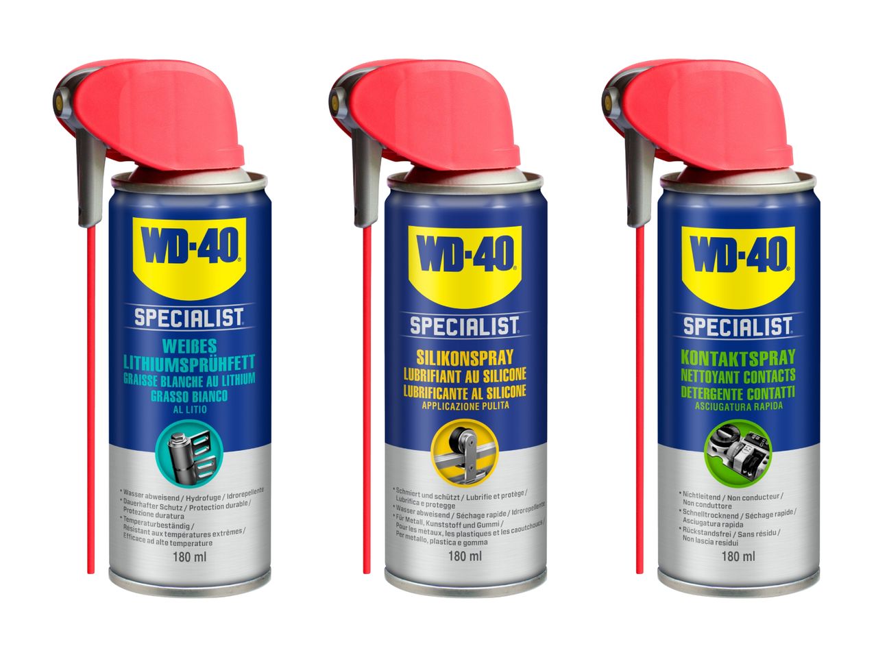 Drei WD-40 Specialist-Spraydosen: Schmiermittel, Rostlöser und Reiniger.