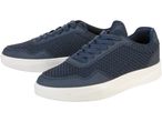 A pair of navy blue mesh sneakers with white soles.