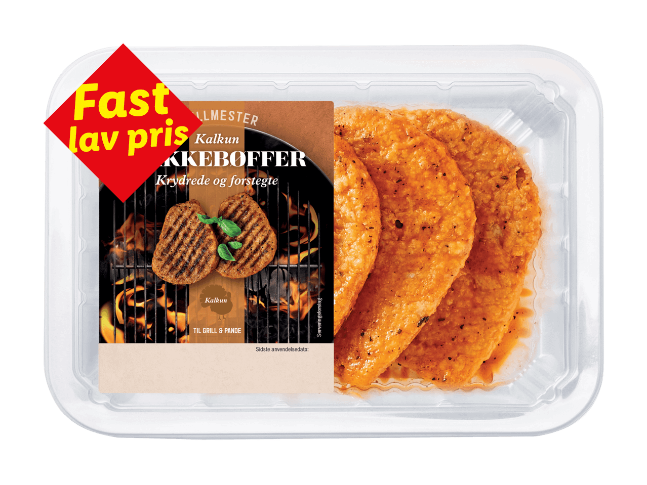 Kalkunbøffer i bakke med etiket, der viser grillbøffer og teksten 'Fast lav pris'.