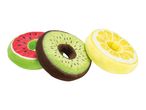 Three plush fruit-shaped donut toys: watermelon, kiwi, and lemon.