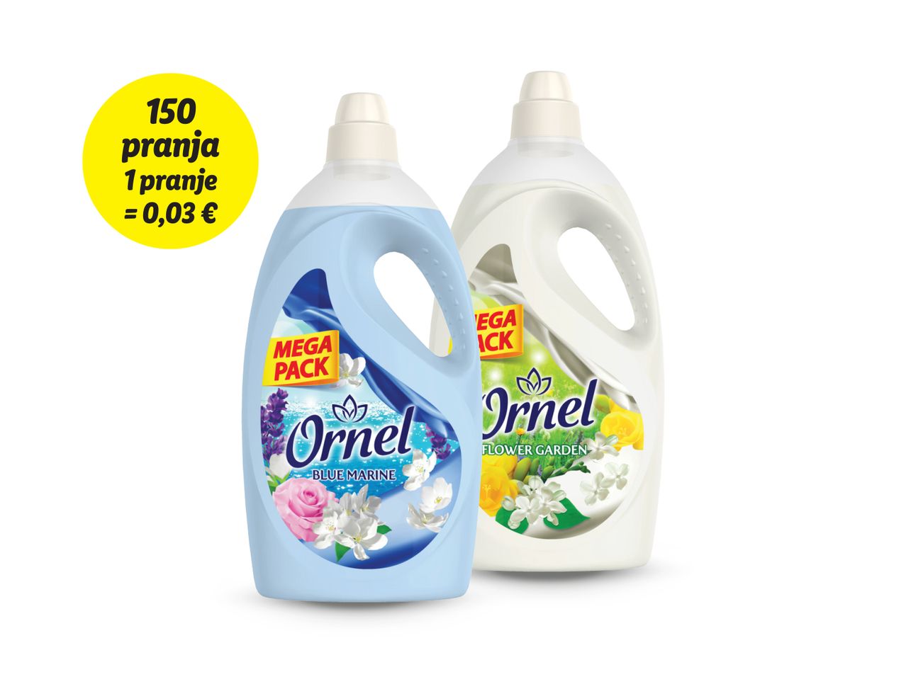 Dvije bočice omekšivača za rublje Ornel, različitih mirisa.