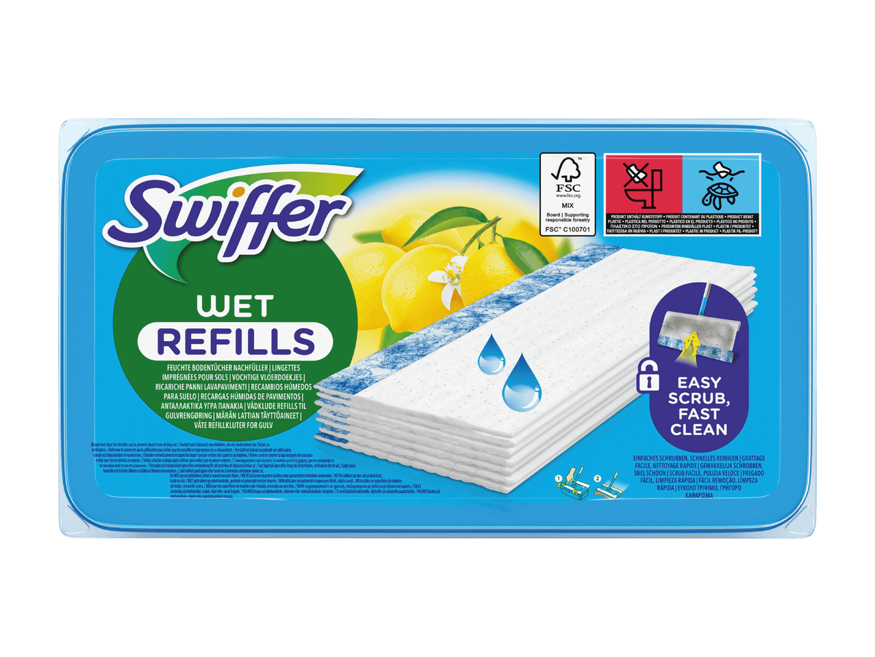 Swiffer Wet Nachfüllpackungen für Böden, mit Zitronenduft, für eine einfache und schnelle Reinigung.