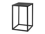 Black metal side table with a square top and open frame base.