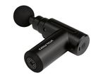 Black massage gun with a round head attachment, featuring product details on the base.