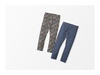 Two pairs of children's leggings, one with a floral pattern and one solid blue.