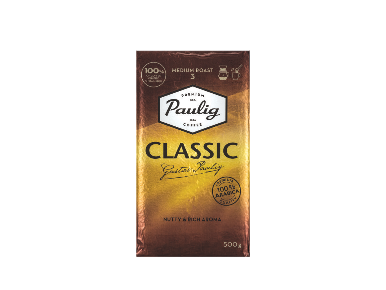 Kavos pakuotė su užrašu „Classic“, „Nutty & Rich Aroma“, „100% Arabica Quality“, „500g“.