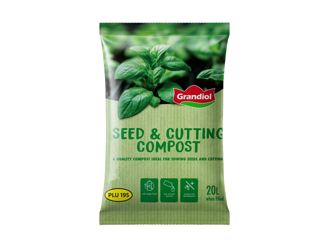 Seed and cutting compost bag with green plant illustration, indicating 20L volume and features like 6-8 weeks feed, low nutrient formula, and strong root development.
