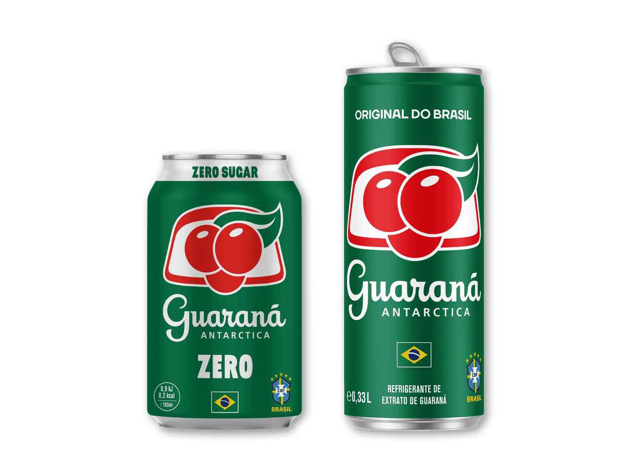 To grønne sodavandsdåser, en med teksten 'ZERO SUGAR' og den anden med 'ORIGINAL DO BRASIL'.