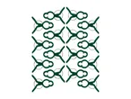 A pattern of green plastic clothes pegs with metal springs on a white background.