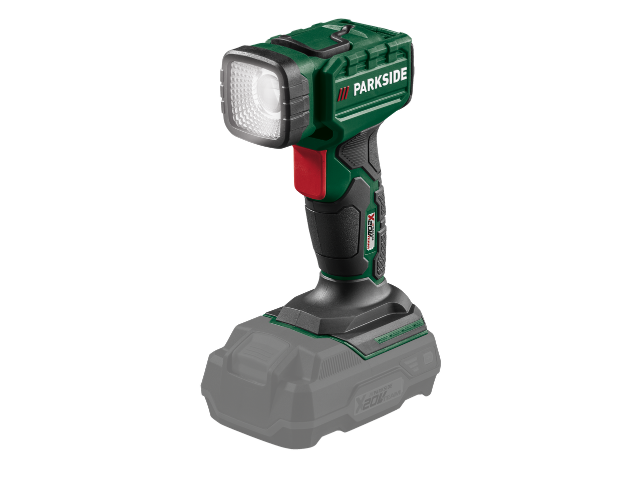Zelena Parkside X20V Team LED radna lampa sa crnom i crvenom baterijom