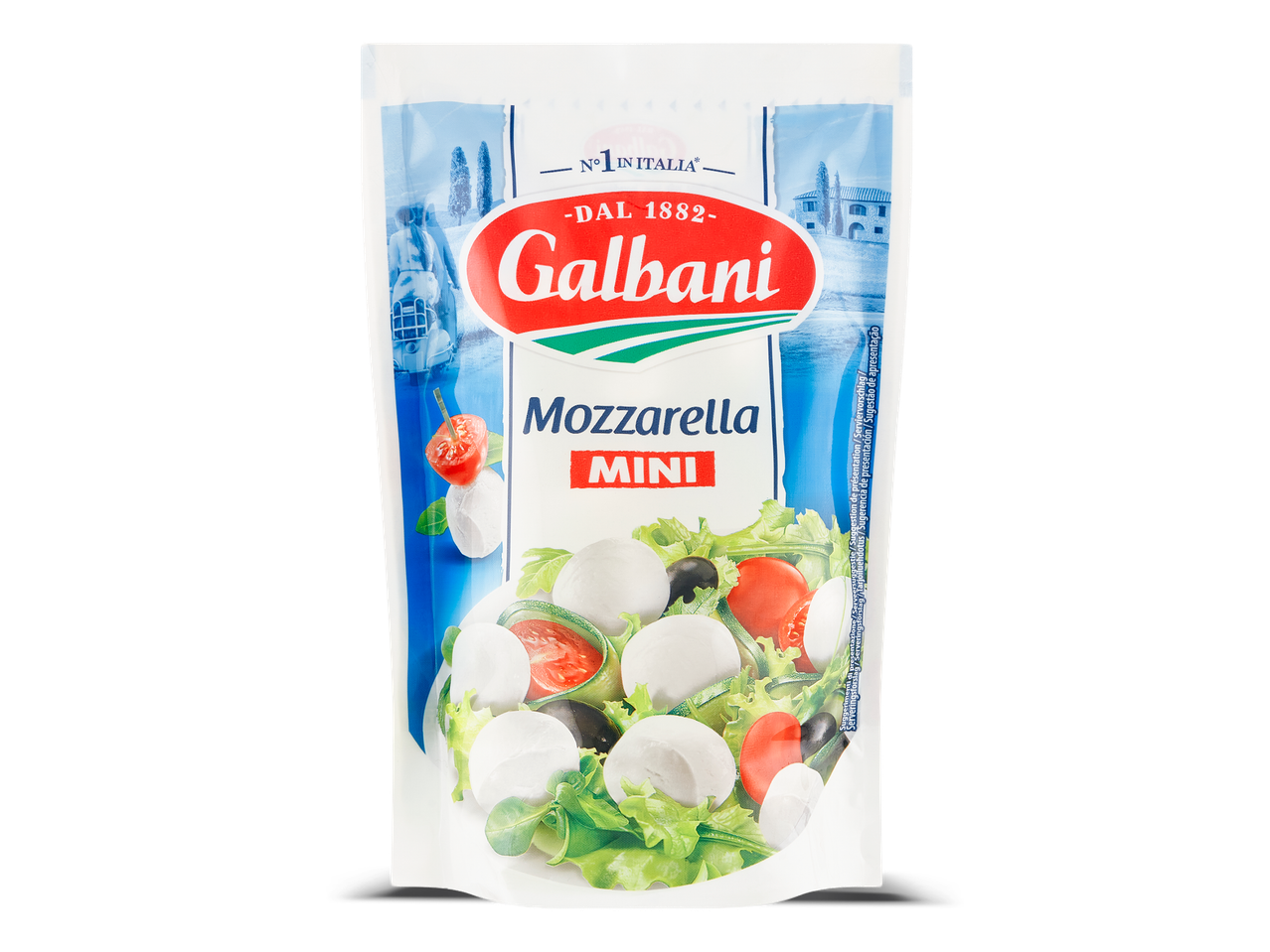 Verpakking mini mozzarella met salade-illustratie en Italiaanse landschapselementen.