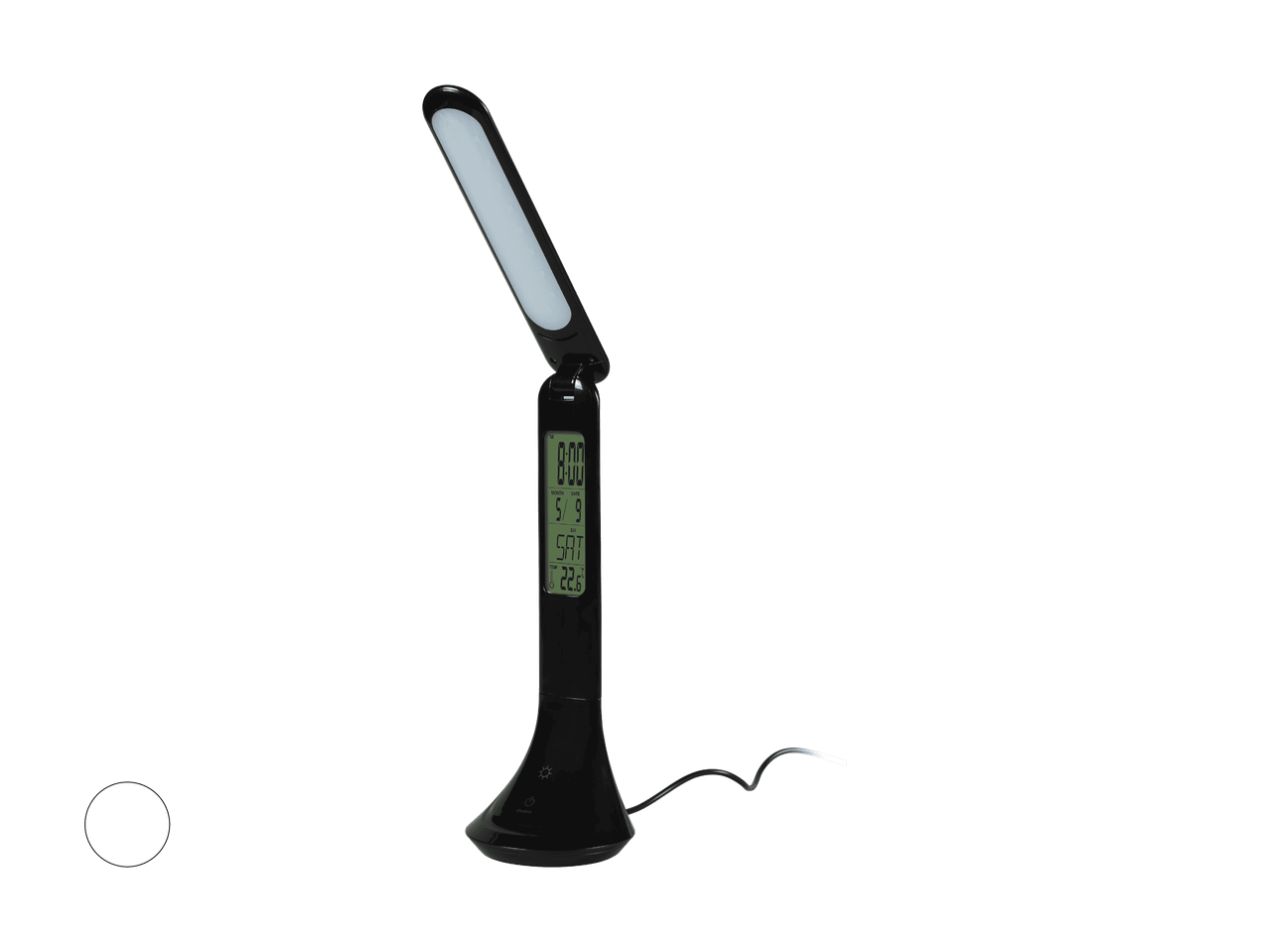 Lampe de bureau noire avec affichage numérique de l'heure, de la date et de la température.