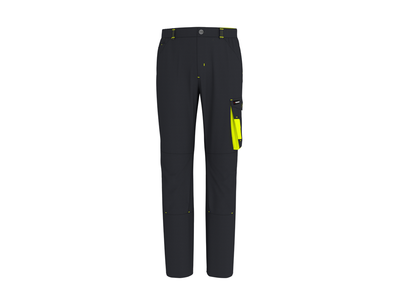 Parkside® Men's Work Trousers in dark grey with neon yellow accents and side pocket.