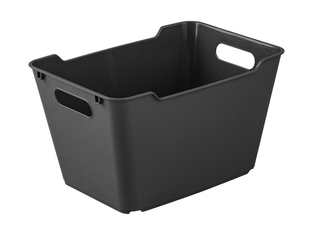 En mørkegrå plastikopbevaringskasse med håndtag.