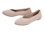 Pair of beige knitted ballet flats with a pointed toe and flat sole.