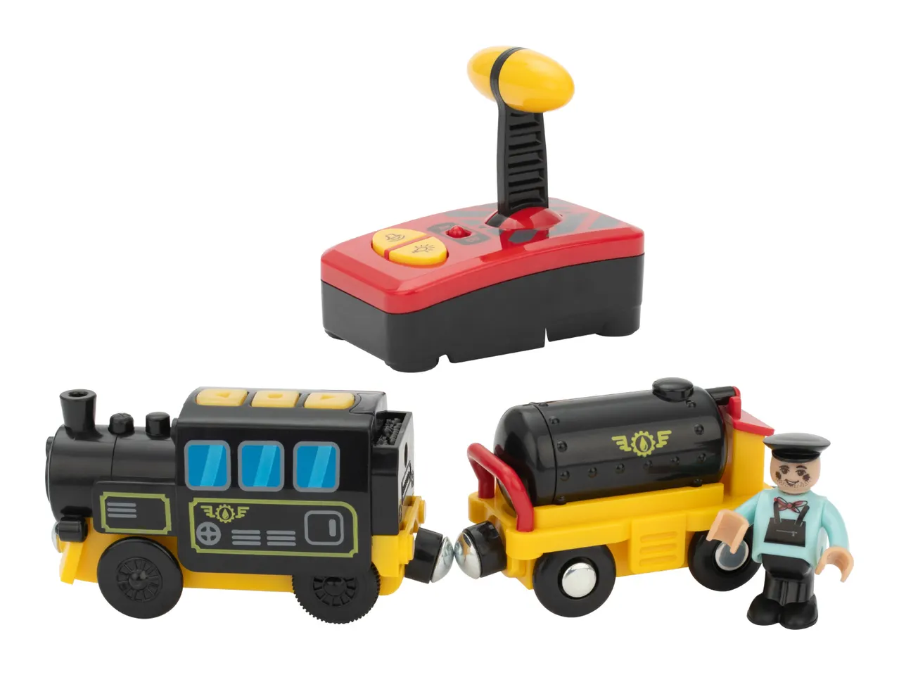A remote control train set with a black and yellow train, a separate train car, and a conductor figure.