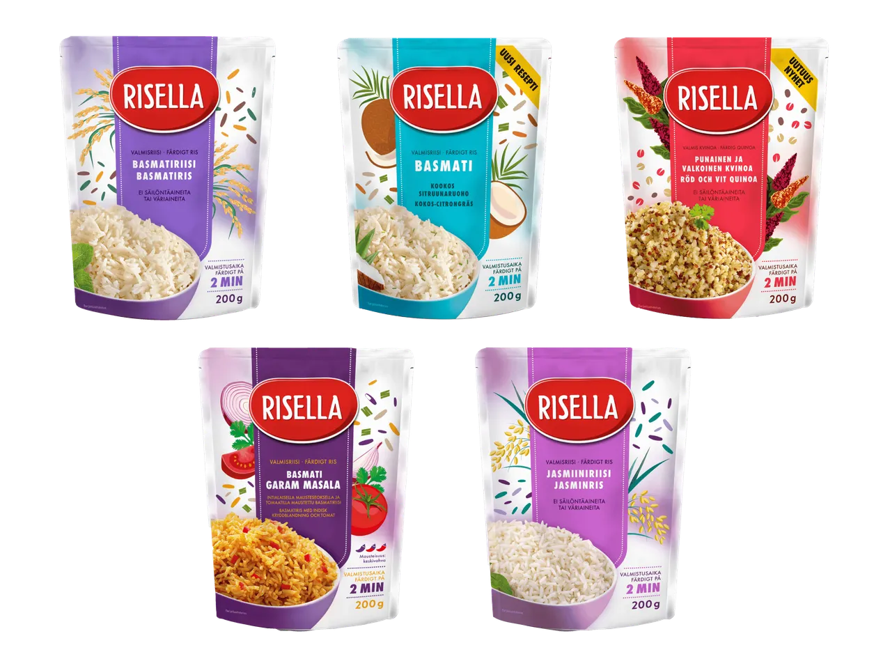 Risella-merkin pikaruokapakkauksia: basmatiriisi, basmati garam masala, jasmiiniriisi, kookos-sitruunaruoho basmati ja punainen ja valkoinen quinoa.
