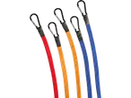 Five colorful bungee cords with carabiners.