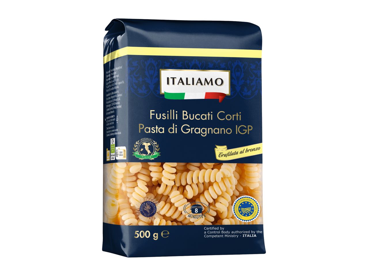 A dark blue package of Fusilli Bucati Corti pasta, 500g, with an Italian flag design.