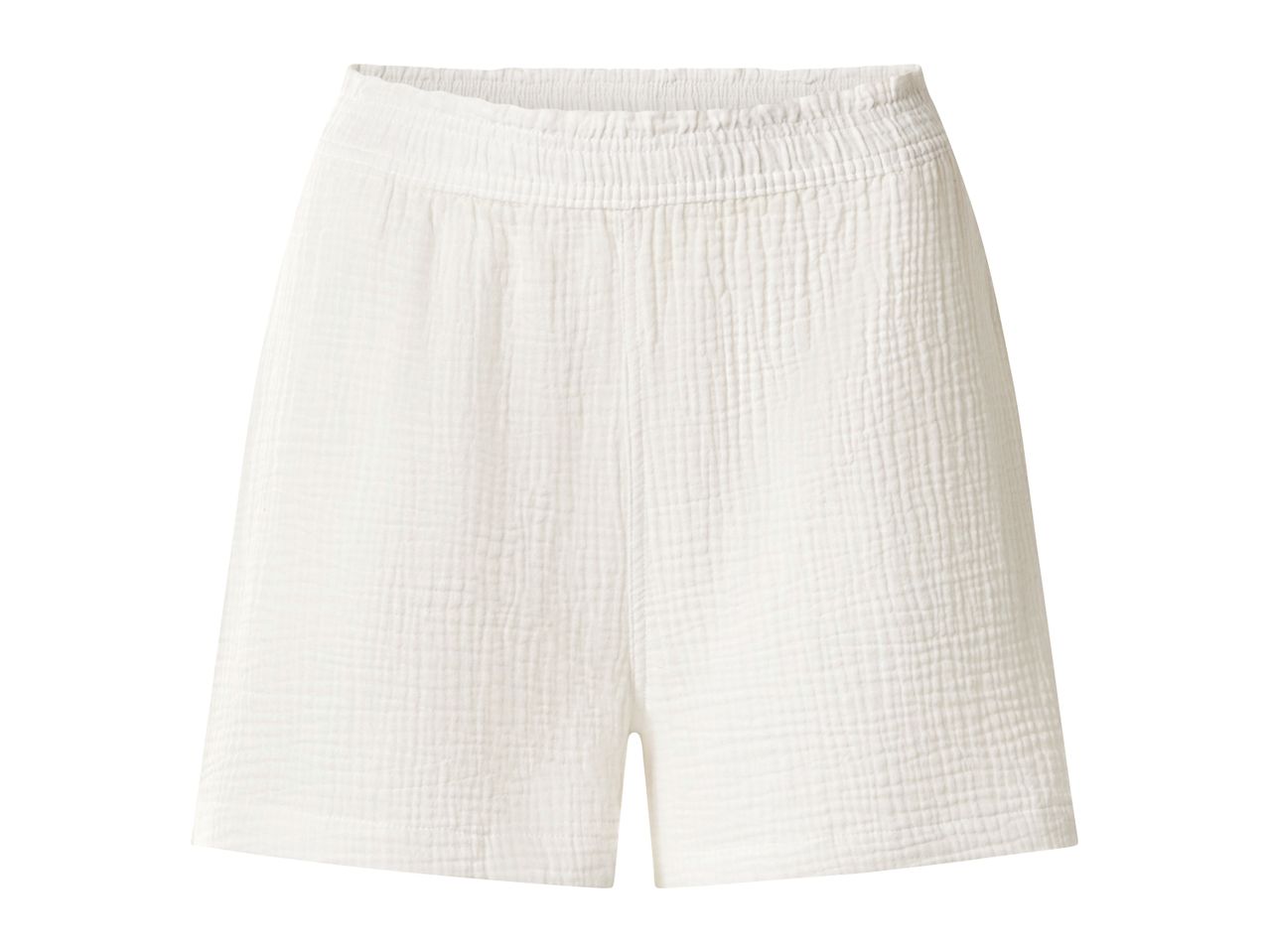 White crinkled cotton shorts with an elasticated waistband.