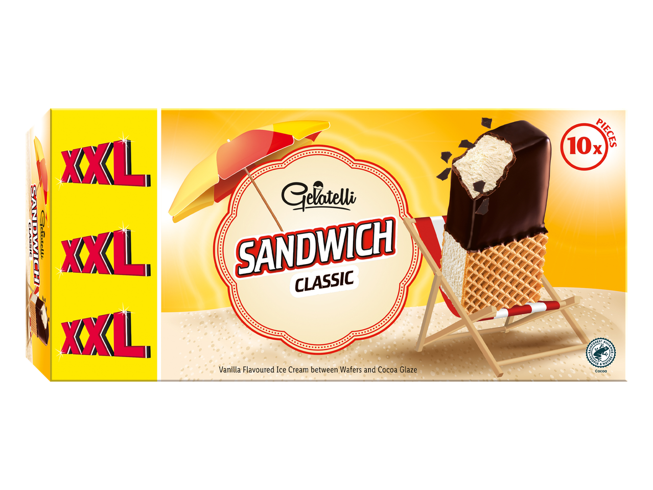 Caixa de 10 sanduíches de sorvete Gelatelli XXL Classic, com cobertura de chocolate e recheio de baunilha.