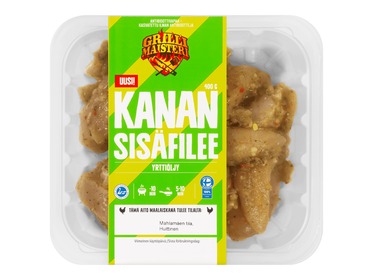 Maustettuja broilerin sisäfileitä pakkauksessa, jossa on grilliteemainen etiketti.