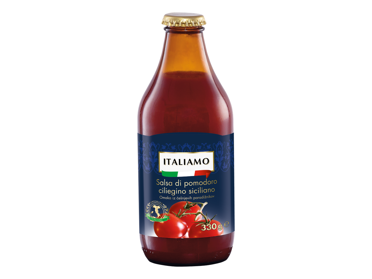 Steklenica paradižnikove omake s sicilijanskimi češnjevimi paradižniki, 330 g.