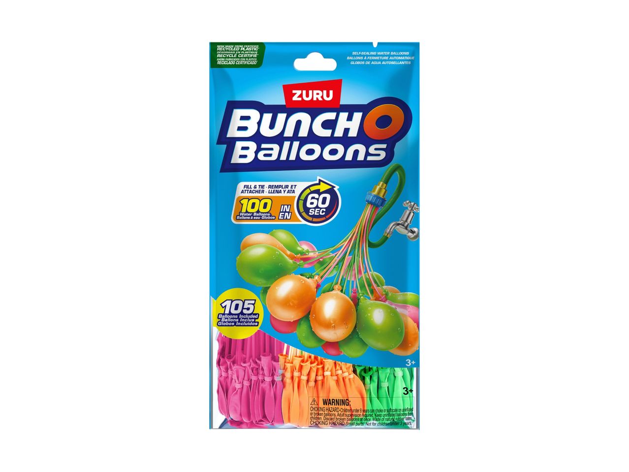 Self-sealing water balloons in pink, orange, and green, with a hose attachment, made from recycled plastic.