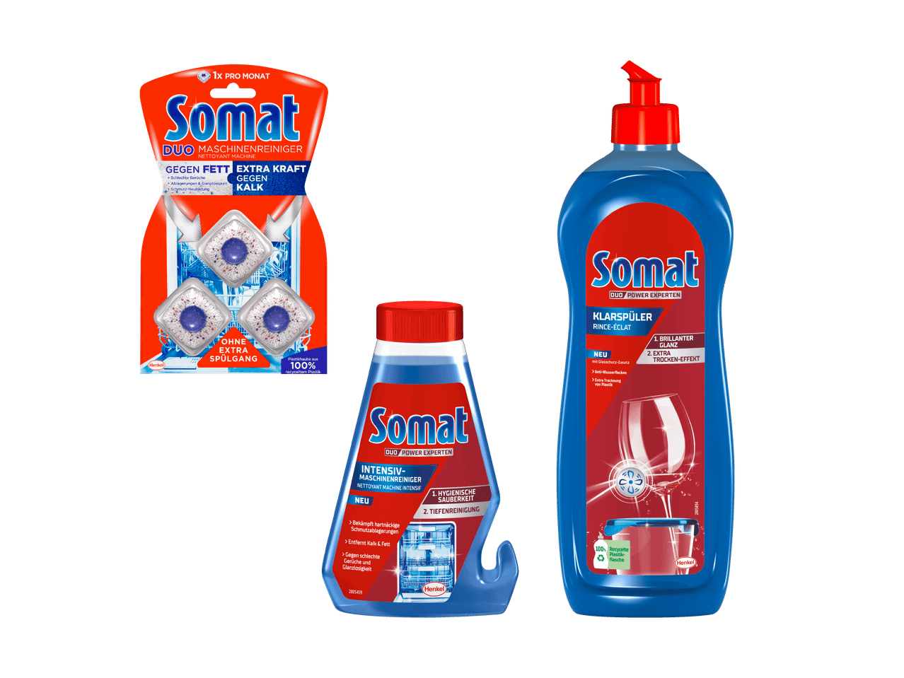 Somat Geschirrspülmittel: Duo Maschinenreiniger, Intensiv-Maschinenreiniger und Klarspüler