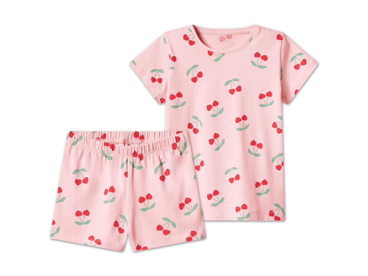 Rosa Schlafanzug-Set mit Kirschmuster für Kinder, bestehend aus T-Shirt und Shorts.