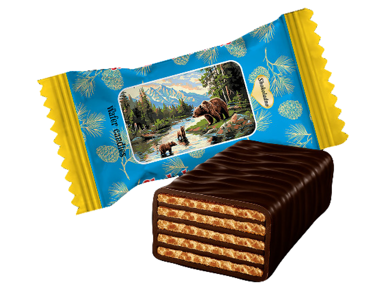Šokolādes vafeļu konfektes ar lāčiem uz iepakojuma.