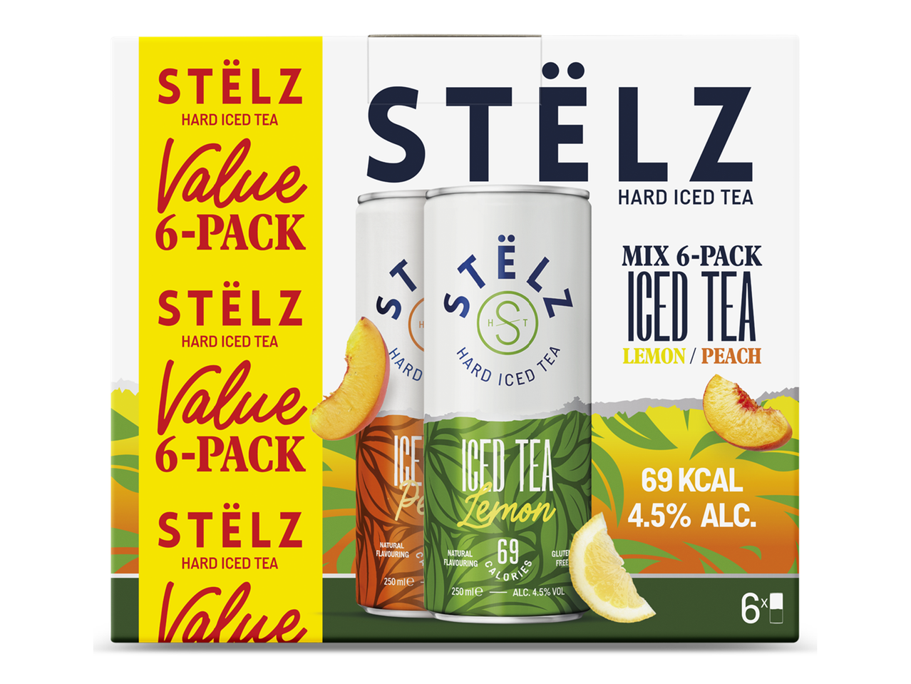 Een voordeelverpakking met zes blikjes alcoholische ijsthee in de smaken citroen en perzik.