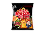 Sort pose med krydrede kartoffelchips med teksten 'Spicy Potato Chips Japan's Brand' og 'hot chilli'.