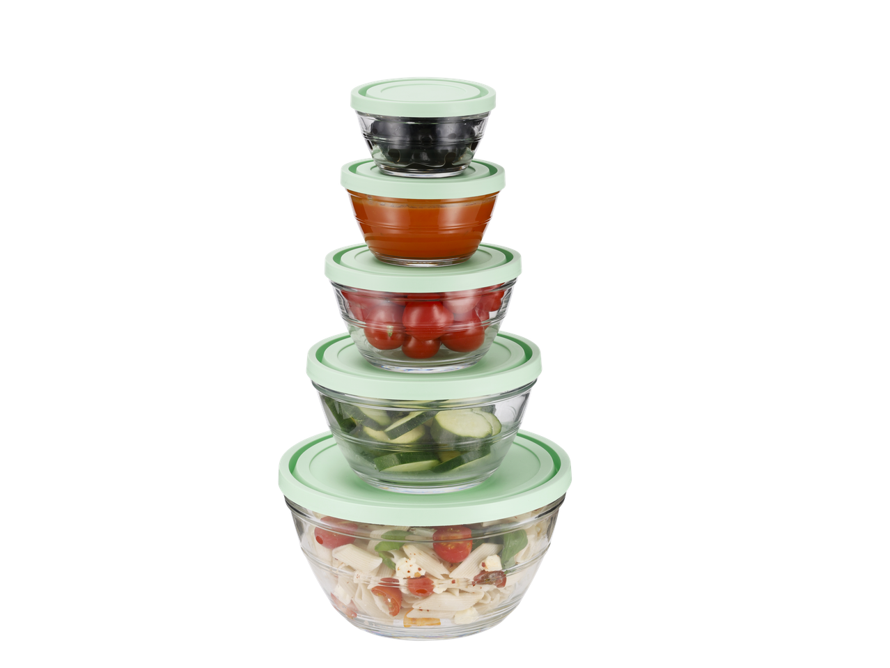 Conjunto de tigelas de vidro empilháveis com tampas verde-menta.